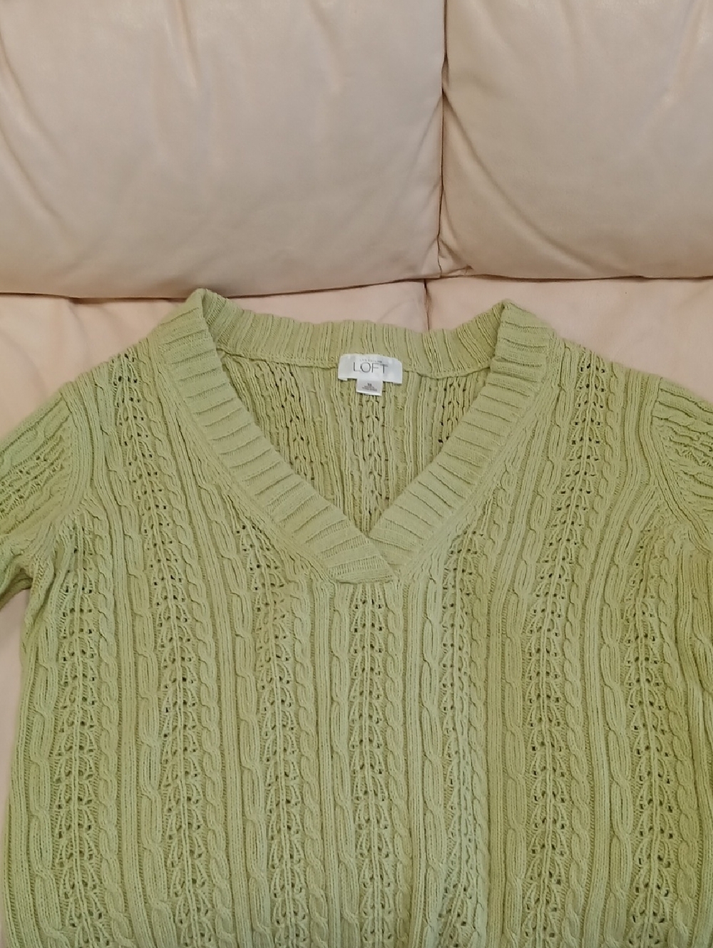 LOFT Pale Green V-Neck Cable Knit Sweater